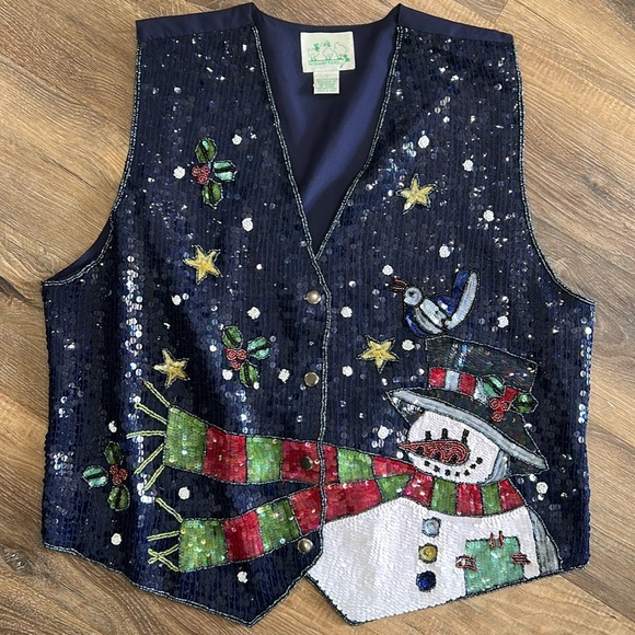 The Quacker Factory sequin snowman Christmas vest Large Navy - Picture 1 of 11